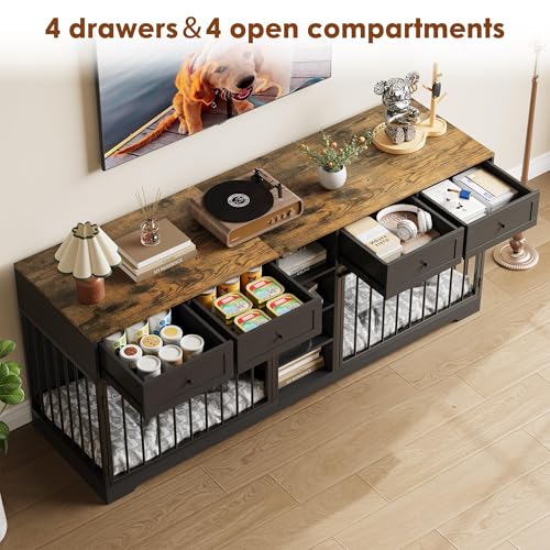82" Double Dog Crate Furniture, Large Dog Kennel Indoor for 2 Dogs, Heavy Duty Wooden Dog Crate TV Stand with 4 Drawers and Shelves, Black