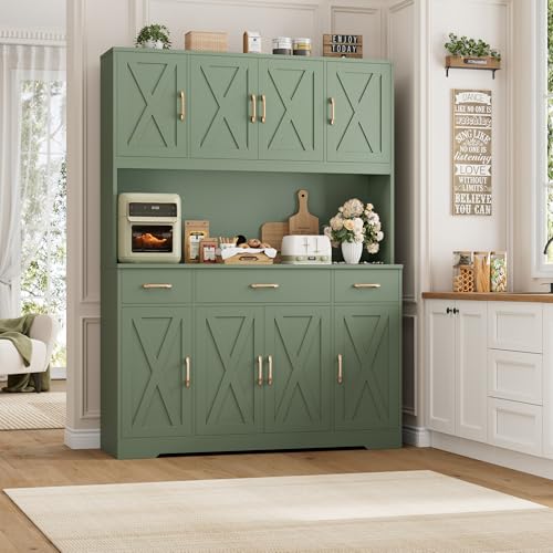 71" Tall Kitchen Pantry Storage Cabinet, 55" W Kitchen Hutch, Green, view 3