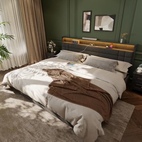 King Size Bed Frame with 4 Drawers & Storage Headboard, Grey, view 5