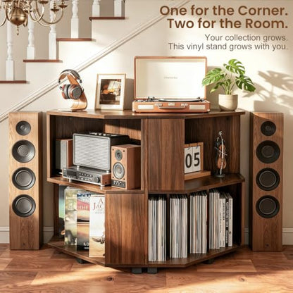 Corner Record Player Stand, Record Player Cabinet, Walnut, view 7