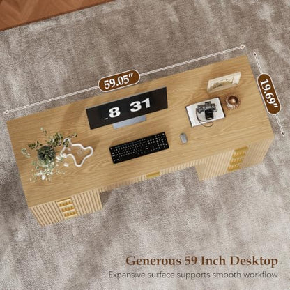 59 Inch Fluted Computer Desk with 9 Drawers, Natural, view 5