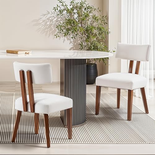 Dining Chairs Set of 4, Mid Century Modern Kitchen Chair Linen Fabric Side Chairs with Curved Backrest for Kitchen, Dining Room, Restaurant, or Patio, Off-White