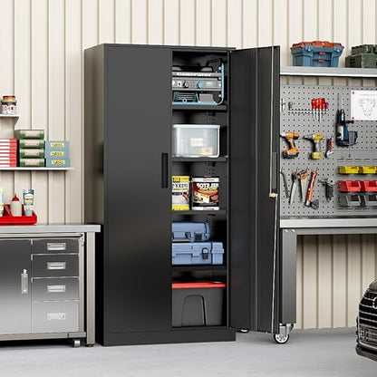 Metal Cabinet, 72" Black Locking Metal Storage Cabinet with 2 Doors and 4 Adjustable Shelves, Lockable Garage Storage Cabinets for Home Office, Garage, Kitchen, Living Room