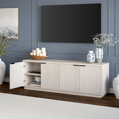 Fluted TV Stand for TVs up to 78" with 2 Ribbed Storage Cabinets and Adjustable Shelves for Living Room, Family Room, or Office, Beech White