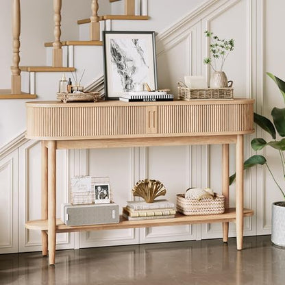 Fluted Console Table, Mid-Century Modern Entryway Cabinet with Sliding Tambour Doors, Narrow Long Sofa Table, Behind-The-Couch Table for Living Room, Hallway (Light Oak)