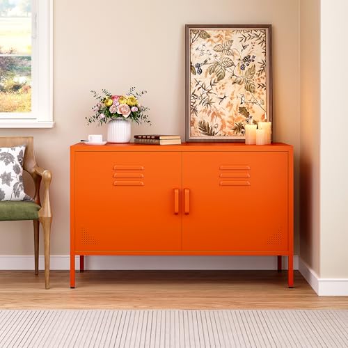Orange Metal Storage Cabinet with Doors and Shelves, view 2