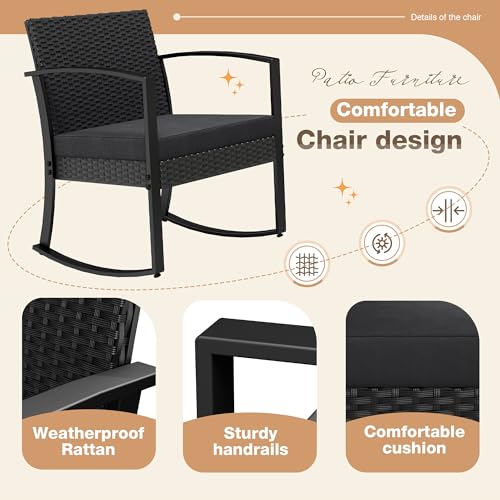 3 Pieces Outdoor Furniture Set Patio Bistro Rocking Chairs with Glass Coffee Table for Pool Beach Backyard Balcony Porch Deck Garden, Black