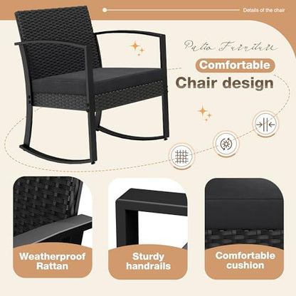 3 Pieces Outdoor Furniture Set Patio Bistro Rocking Chairs with Glass Coffee Table for Pool Beach Backyard Balcony Porch Deck Garden, Black