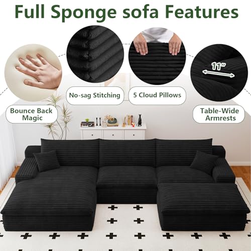 107" Cloud Couch Modular Sectional Sofa for Living Room, U-Shape Boneless Couch with Deep Seat, Modern Corduroy 3-Seater with Ottoman, No Assembly Required (Black,Left-Facing Chaise)
