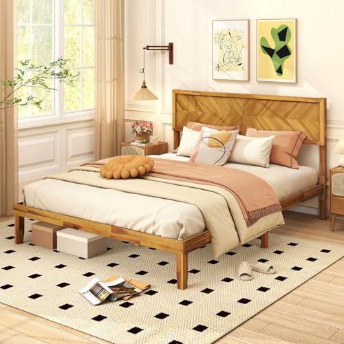 Wood Queen Bed Frame, Acacia Wooden Platform Bed Frame with Headboard, view 4