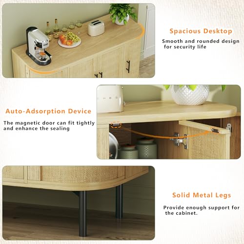 47.2" Sideboard Buffet Cabinet with Storage, Sideboard Cabinet with 4 Rattan Doors, Adjustable Shelf & Metal Legs, Multifunctional Storage Cabinet for Kitchen, Living Room, Entryway, Oak