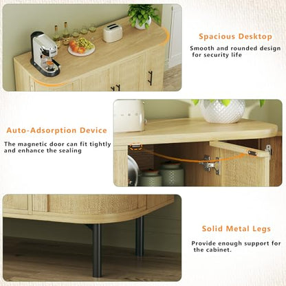 47.2" Sideboard Buffet Cabinet with Storage, Sideboard Cabinet with 4 Rattan Doors, Adjustable Shelf & Metal Legs, Multifunctional Storage Cabinet for Kitchen, Living Room, Entryway, Oak