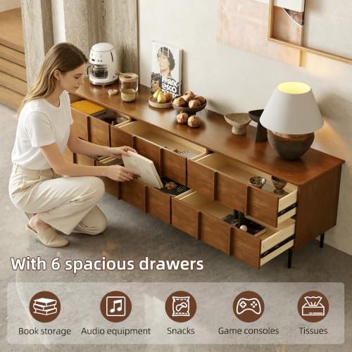 86" Modern Solid Wood Media Console, 6-Drawer Storage Sideboard, view 7