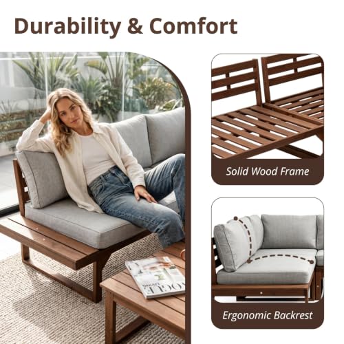 4 Pieces Wood Patio Furniture Set Outdoor Sectional, L Shaped Outdoor Couch Outdoor Sectional Furniture with Built-in Side Table for Backyard,Deck,Balcony
