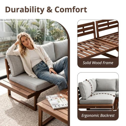 4 Pieces Wood Patio Furniture Set Outdoor Sectional, L Shaped Outdoor Couch Outdoor Sectional Furniture with Built-in Side Table for Backyard,Deck,Balcony
