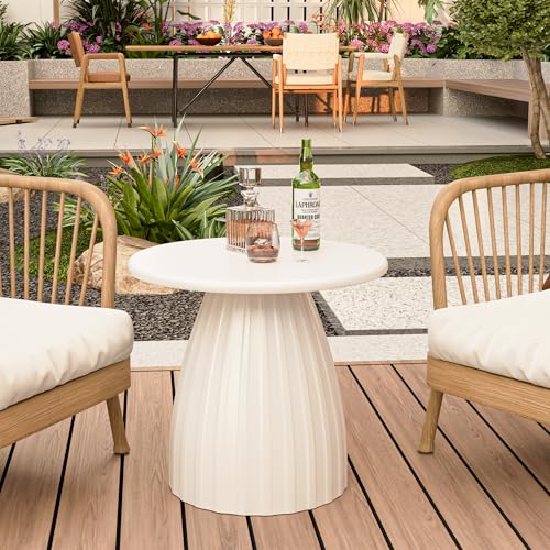 Round Small Patio Side Table, Patio Furniture Accent End Table, Metal Steel Outdoor Side Table, for Garden, Pool, Yard, Balcony, Living Room, Deck, Weather Resistant, No Assembly, Beige White