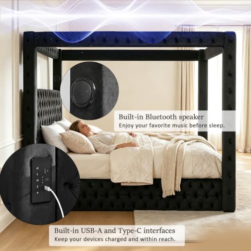 Queen Size Canopy Bed Frame with Velvet Headboard, Charging Port, view 4