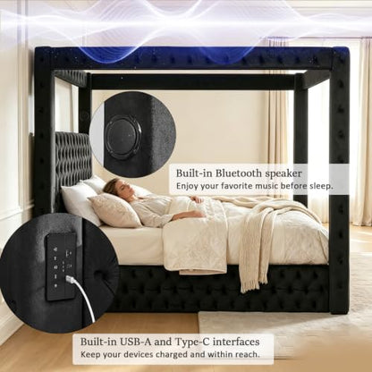 Queen Size Canopy Bed Frame with Velvet Headboard, Charging Port, view 4
