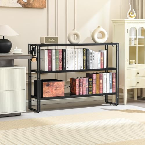 Bookshelf, 3-Tier Industrial Bookcase, Black Open Book Shelf, Freestanding Horizontal Bookshelves with Metal Frame