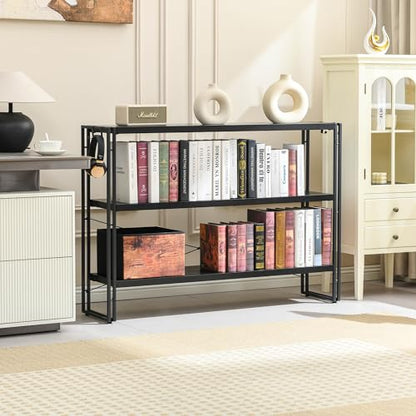 Bookshelf, 3-Tier Industrial Bookcase, Black Open Book Shelf, Freestanding Horizontal Bookshelves with Metal Frame