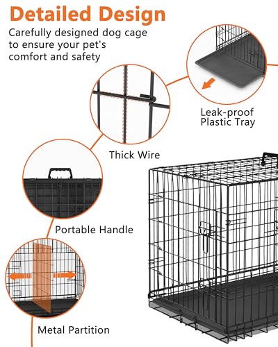 24 Inch Double Door Small Dog Crate with Divider Panel and Leak- Proof Pan Tray, view 5