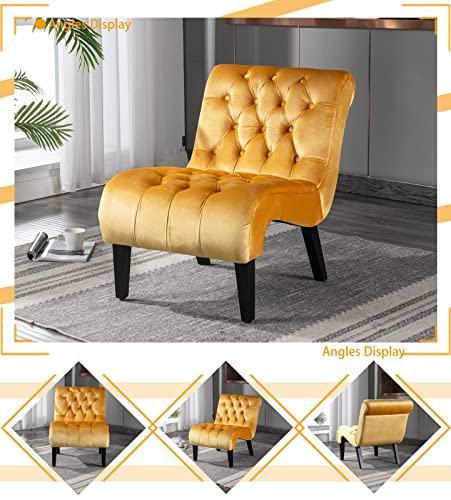 Comfy Velvet Accent Chair, Upholstered Armless Side Chair for Living Room, Modern Small Lounger with Tufted Back and Rolled Edge Design, Comfy Reading Chaise Lounge with Solid Rubber Wood Legs, Yellow