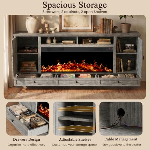 85" Large TV Stand with 47" Fireplace, 85" W & 39" H, Gray, view 8