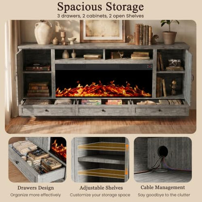 85" Large TV Stand with 47" Fireplace, 85" W & 39" H, Gray, view 8
