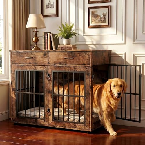 43.3" Large Dog Crate Furniture with 2 Drawers, Brown, view 5