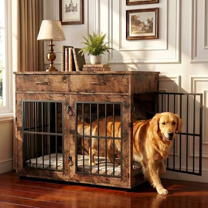 43.3" Large Dog Crate Furniture with 2 Drawers, Brown, view 5
