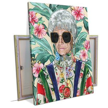 80s Artwork Fashion Golden Wall Art Girls Poster Sophia Petrillo With Sunglasses Poster For Woman Room Decor Estelle Getty Tropical Canvas Prints (L24"xW16"-WoodFrame Ready to Hang) Painting For Girl Dorm Home Decor