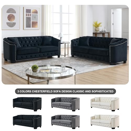 77" Modern Chesterfield Sofa Couch for Living Room, 2 Piece 3-Seater Velvet Couch with Upholstered Tufted Backrests, Nailhead Arms & 4 Cushions for Bedroom, Coffee Bar & Office, Black