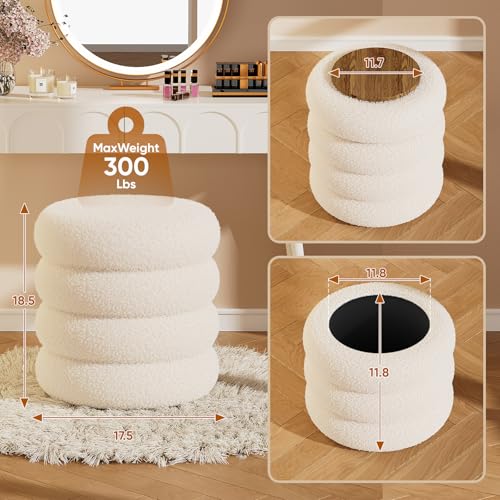 Soft Teddy Round Ottoman with Tray, 17.5 Inches Ottoman Coffee Table with Storage for Living Room, Vanity Stool with Storage Bedroom, Load up to 300 lb, No Assembly Required (White)
