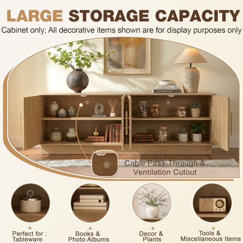 67" Arched Rattan Sideboard Buffet, 4 Door Adjustable Storage, Natural Oak, view 6