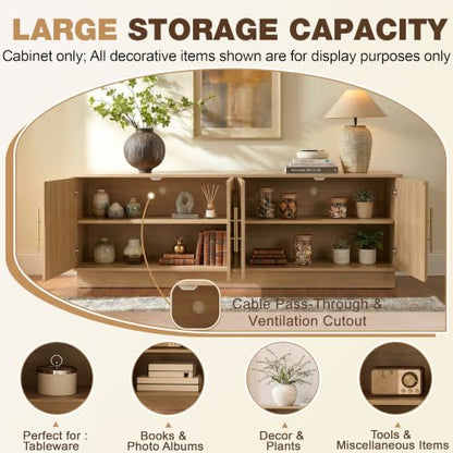 67" Arched Rattan Sideboard Buffet, 4 Door Adjustable Storage, Natural Oak, view 6
