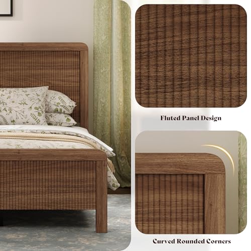 Queen Wood Bed Frame with Fluted Headboard & Footboard, Walnut, view 4