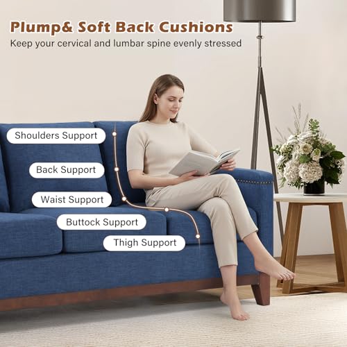 Modern 3 Piece Sofa Set with Rivets, Included Fabric Accent Chair, Upholstered 3-Seater Couches with Solid Wood Legs and Storage Ottoman, Living Room Furniture Set,Blue