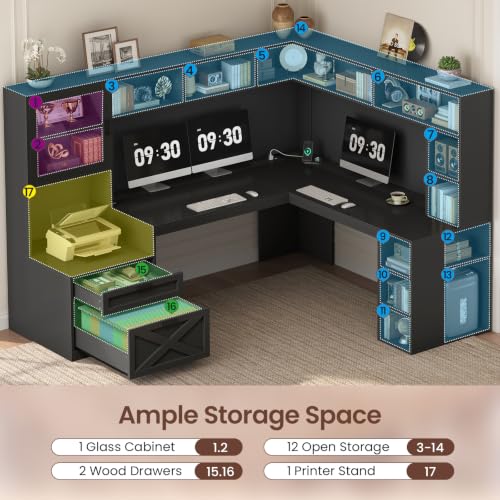 68" Farmhouse L Shaped Computer Desk with Hutch, Storage Drawers, view 5