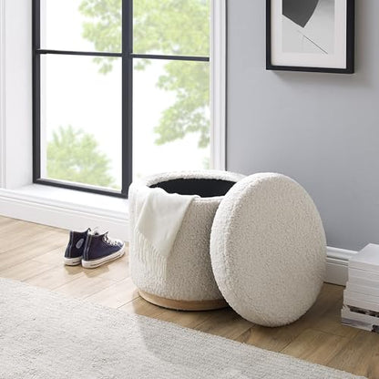 Home Décor Cream Sherpa Round Storage Wooden Base by Lexington Ottoman (AMZN2305)