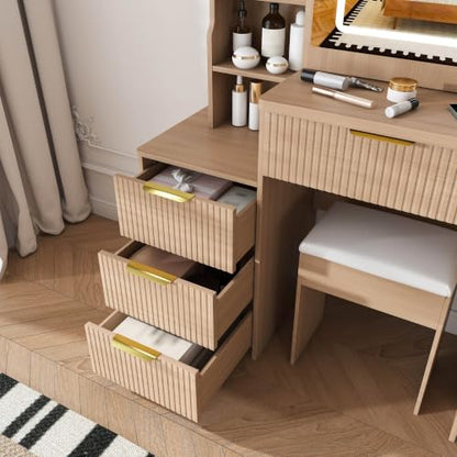 Fluted Makeup Vanity, Small Vanity Desk with Mirror and Lights, Charging Station, view 8