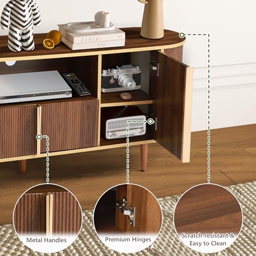 63" Fluted TV Stand with Storage for TVs up to 75", Brown | Modern Mid Century Entertainment Center Media Console with Adjustable Shelves and Open Storage for Living Room, Bedroom