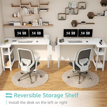 White L Shaped Computer Desk with Power Outlet Shelves, 47 Inch Corner Desk for Home Office Bedroom, L-Shaped Study Writing Working PC Desks, White
