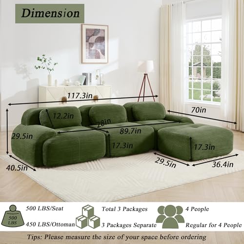 Modular Sectional Sofa Boneless Couch, Cloud Sectional Couches for Living Room, Oversized L Shaped Couch with Deep Seat and Ottoman, Comfy Corduroy Upholstery Green Couches, No Assembly(3S+1O)