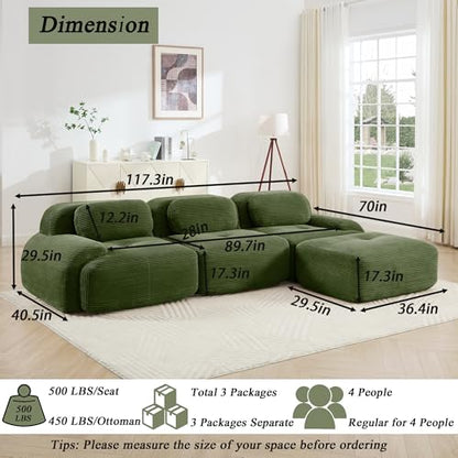 Modular Sectional Sofa Boneless Couch, Cloud Sectional Couches for Living Room, Oversized L Shaped Couch with Deep Seat and Ottoman, Comfy Corduroy Upholstery Green Couches, No Assembly(3S+1O)