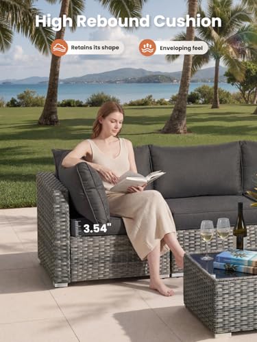 11 Piece Outdoor Patio Furniture Set with Fire Pit Table,Conversation Sectional Wicker Couch with Swivel Chairs,Modern Outside Sofa for Balcony Backyard, Black