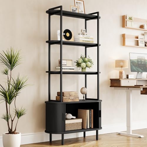 4 Tier Bookshelf with Cabinet, 71" Tall Display Bookcase Black, view 5