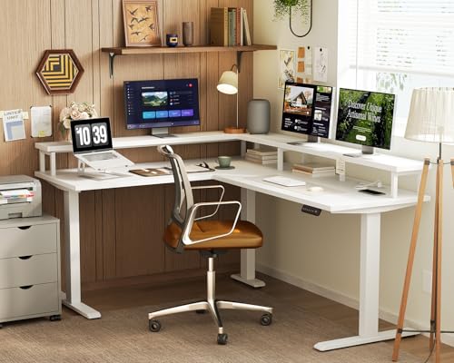 Electric L Shaped Standing Desk, 59 Inch Height Adjustable Stand Up Desk with Power Outlets ＆ Full Monitor Stand, Reversible Corner Desk for Home Office ＆ Computer Workstation, White