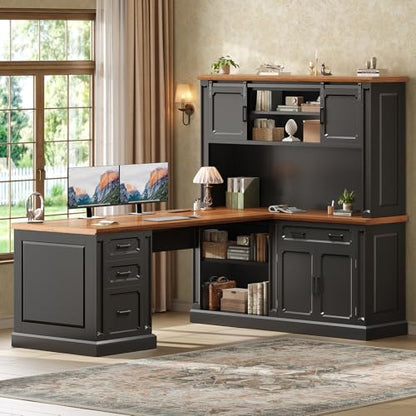 67" Farmhouse Executive L Shaped Desk with Hutch & Storage, view 2
