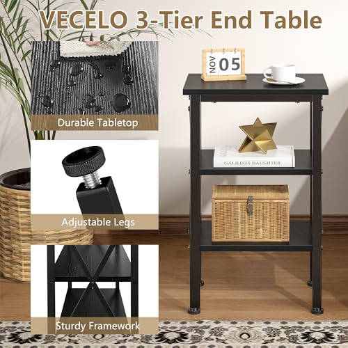 End Table Set of 2, Bedside Table, 24" Tall Living Room End Tables, X-Design Reinforced Nightstands, Side Table with 3-Tier Storage Shelves for Small Spaces, Office, Bedroom, Classic Black