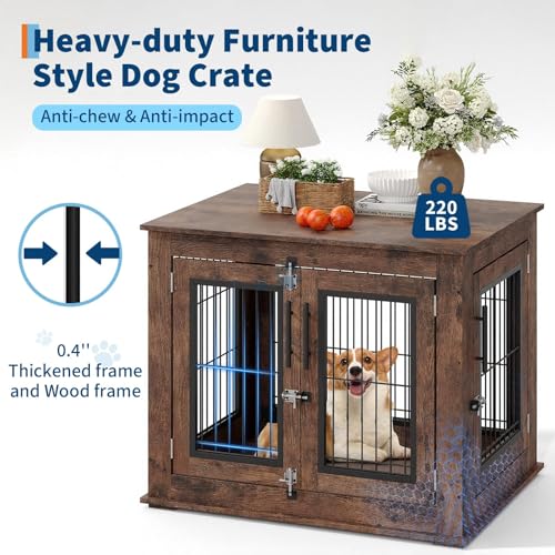 31.5" Farmhouse Dog Crate Furniture, Wooden Dog Kennel with 2 Doors, view 3